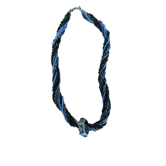 Multi Strand Blue Shades Seed Beads ReMovable Ring Necklace with Blue Stones 15” - Picture 2 of 7